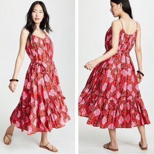 Rhode Lea Midi Dress Sleeveless Floral Print Flare 100% Cotton Red Green Pink XS